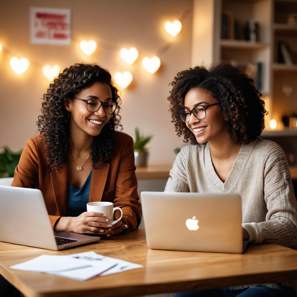 A warm, inviting scene depicting two diverse individuals engaged in a meaningful conversation over a laptop, symbolizing collaboration and connection. In the background, soft glowing heart icons float, representing the theme of reciprocity in online interactions. Subtle elements like handwritten notes and a coffee cup add a personal touch to the setting. The overall tone is vibrant and uplifting. soft focus. vibrant colors. cozy atmosphere.