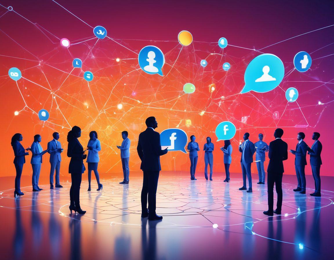 A vibrant digital landscape illustrating diverse individuals connecting through glowing lines of networking, set against a backdrop of modern technology and tools. The scene includes symbols of communication like chat bubbles and social media icons intertwined, highlighting the theme of cooperation. The color scheme is bright and inviting, symbolizing collaboration and connectivity. super-realistic. vibrant colors. 3D.