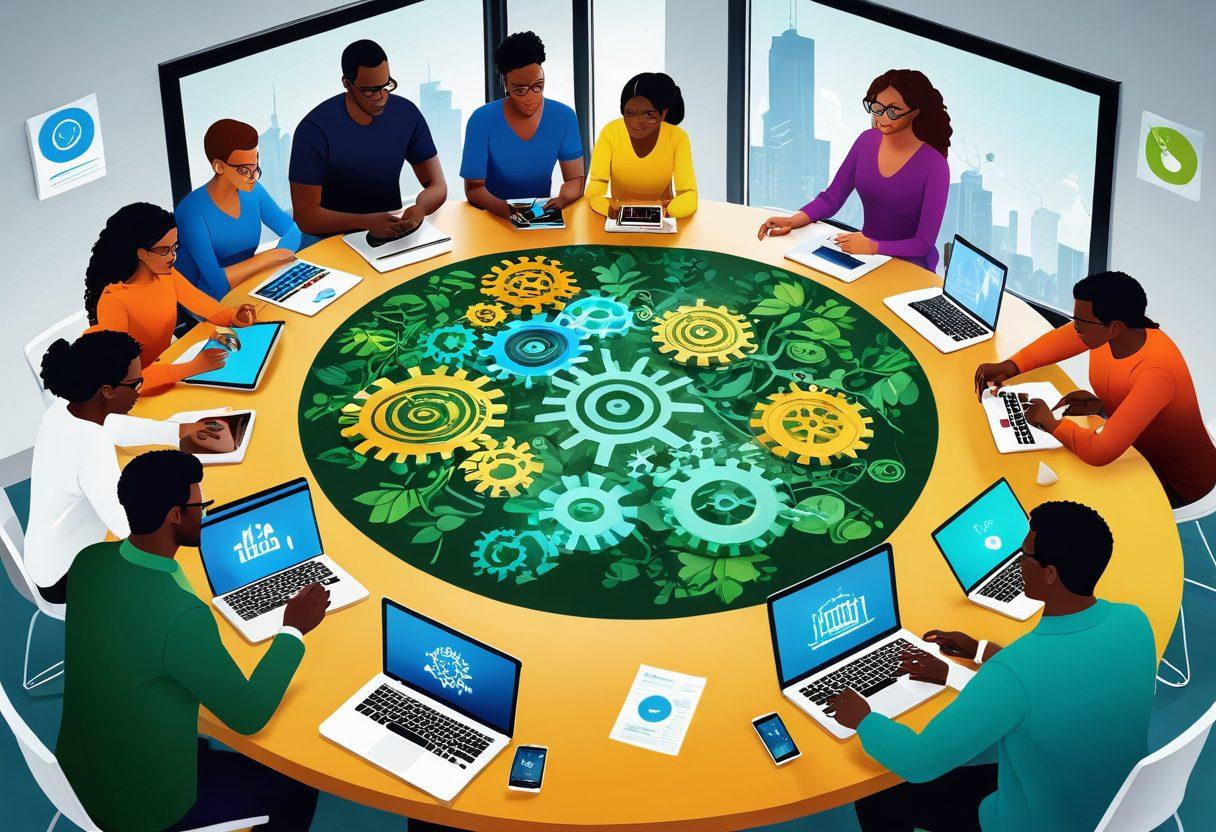 A vibrant scene showcasing diverse individuals collaborating around a large table, exchanging ideas on digital devices. Include visual elements symbolizing community growth, like green plants and interconnected gears. In the background, a digital interface displaying engaging metrics and community interactions. The atmosphere should feel energetic and motivating, reflecting teamwork and innovation. colorful illustration. vibrant colors. modern design.